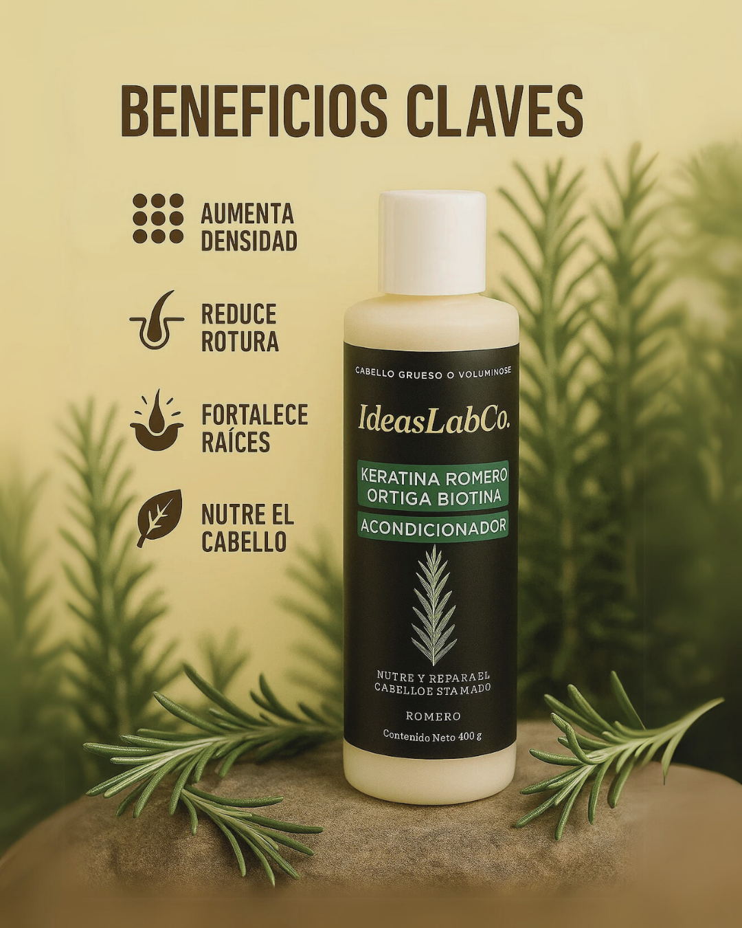 Acondicionador para Cabello Grueso y Voluminoso con Romero Keratina Ortiga y Biotina (220 gr.) - IdeasLabCo™