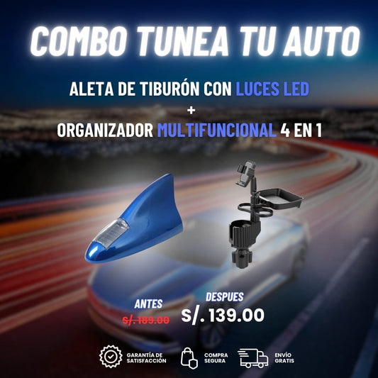 COMBO TUNEA TU AUTO : Aleta de Tiburón LED + Organizador Multifuncional 4 en 1