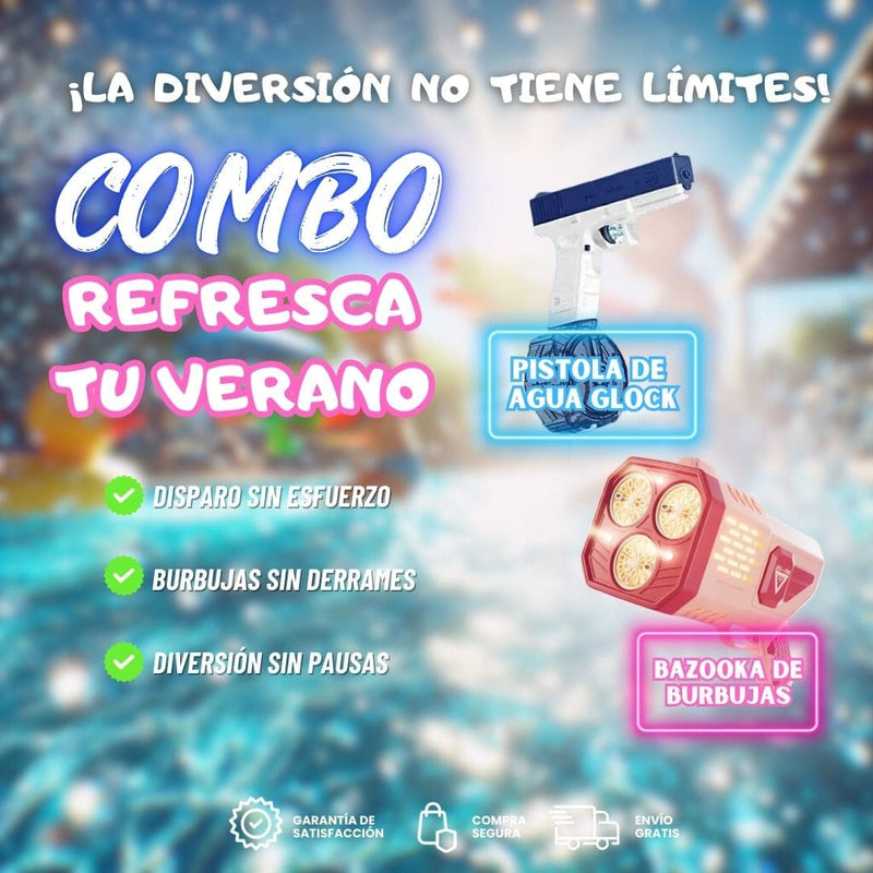 COMBO REFRESCA TU VERANO : Pistola de Agua GLOCK  +  Bazooka de Burbujas de Luces Antiderrame