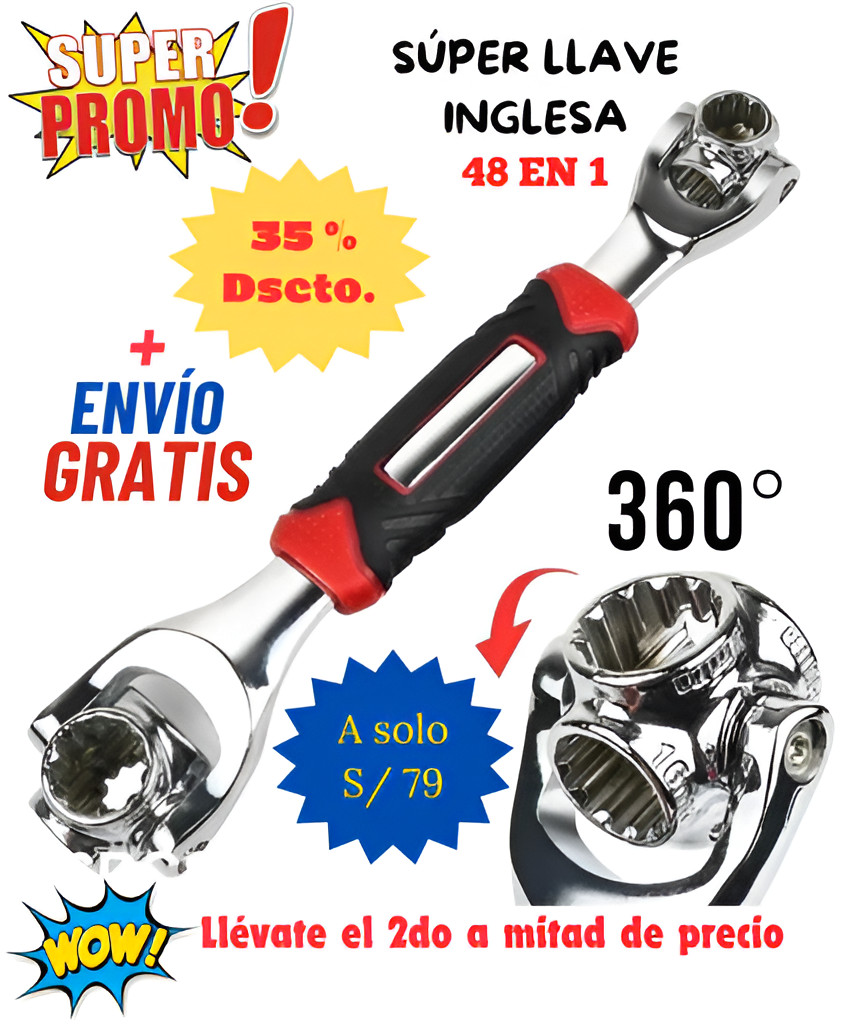 LLAVE INGLESA 48 EN 1 - CON CABEZAL GIRATORIO 360 GRADOS + Envío GRATIS