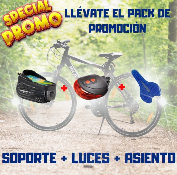 Súper Pack Para Bicicletas (Incluye: Asiento de Gel, Soporte para celular y 2 Luces de Seguridad)